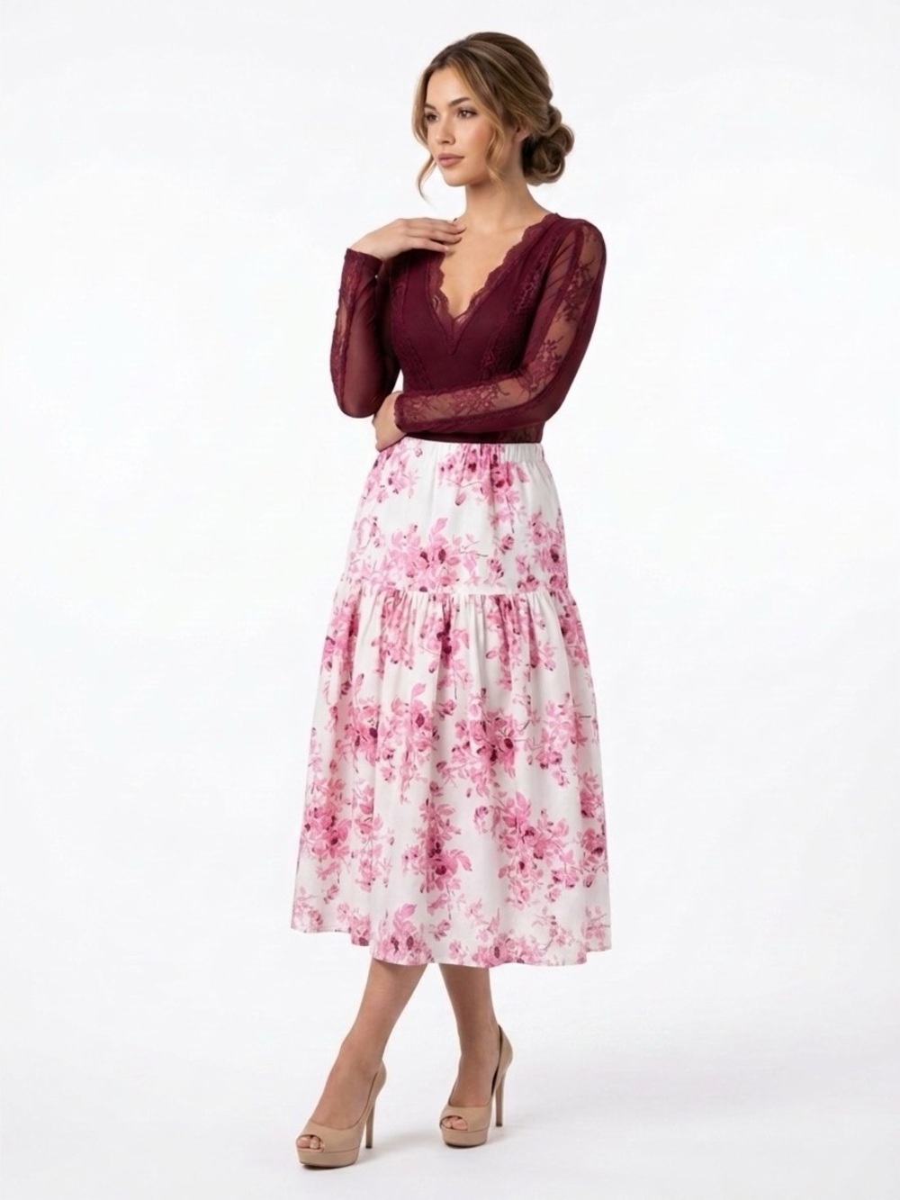 NWT 1. STATE Floral Cotton Tiered Women’s  Midi Skirt White Pink Rose Print Sz M